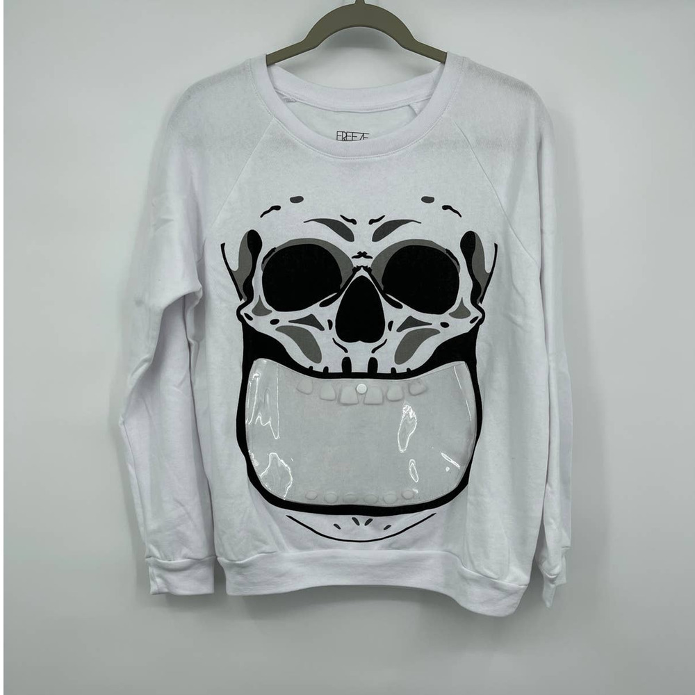 Freeze Womens White Long Sleeve Skull Graphic Pocket Sweatshirt NEW Large
